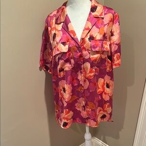 DR2 Pink and Orange Short Sleeve Notched Collar Blouse